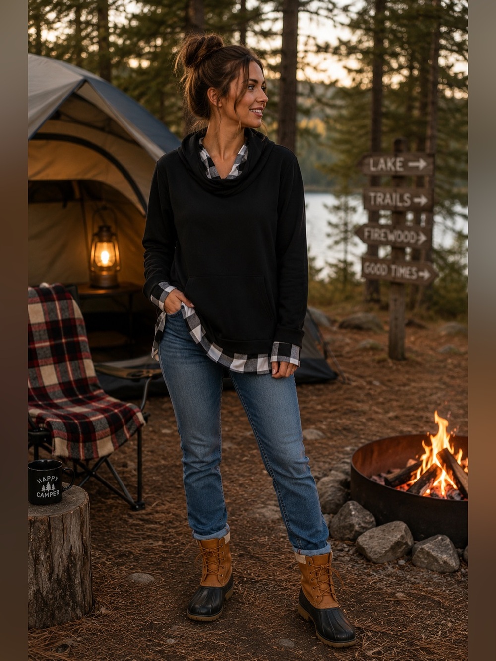 Black Hooded Pullover with Black & White Buffalo Plaid Hem